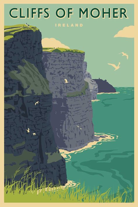 Made with care and pride in Kinsale, County Cork, Ireland by The Canvas Works. From our range of vintage style travel posters of Ireland, this beautifully colorful print features the famous Cliffs of Moher in County Clare. We offer four sizes - 15X20CM, 20X30CM, 30X45CM, 40X60CM.  These sizes are the PRINT SIZE.  The prints are made with a border around them so the glass sizes are 20.3x25.4cm, 30x40cm, 40x55cm and 50x70cm respectively.  We will typically ship the two smallest sizes flat and including a mount.  The 30x45cm and 40x60cm size will ship rolled in a tube.  The glass sizes in INCHES are: 8x10, 12x16, 16x18, 20x28 (glass size = print size plus border/mount).  Each print will be carefully packaged and will be delivered by a trackable mailing service to ensure it arrives safely. All Ireland Artwork, Places Poster, Ireland Cliffs, Ireland Poster, Cliffs Of Moher Ireland, Ireland Aesthetic, Killarney Ireland, Ireland Art, Ireland Pictures