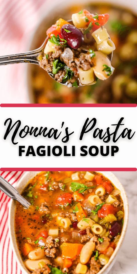 Nonna's Pasta Fagioli soup, an Italian peasant dish made with pasta and beans, is warm and satisfying. This easy copycat Olive Garden Pasta Fagioli recipe made in 30 minutes. Plus, it's a great freezer meal. #30minuterecipe #itisakeeper #soup #beef #copycat Pasta Fasul Soup, Fido Soup Recipes, Pasta De Figoli Soup, Stratchatelli Soup, Pasta Fagioli With Ground Beef, Pasta Fragility, Pasta Fagioli Recipe Traditional, Figoli Soup, Pasta Fasul Recipe