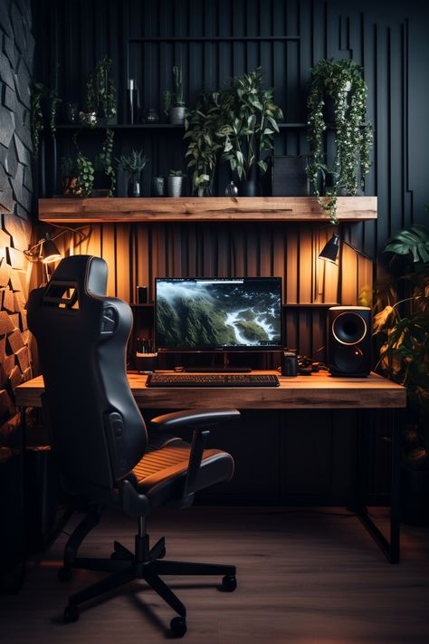 Workspace Ideas, Modern Home Offices, Home Studio Setup, Gaming Office, Black Office, Home Studio Music, Computer Room, Gaming Room Setup, Studio Room