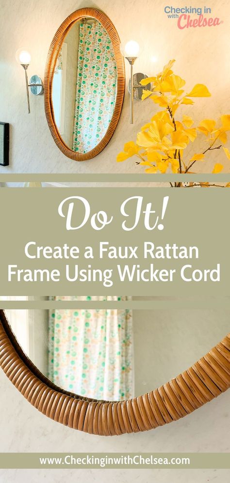 Dress up a simple oval bathroom mirror with wicker cord to look like a rattan masterpiece for under $100. Mirror Without Frame Ideas, Oval Mirror Makeover Diy, Oval Mirror Diy, Oval Mirror Bedroom, Oval Mirror Decor, Oval Mirror Frame, Mirror Makeover Diy, Mirror Without Frame, Oval Bathroom Mirror