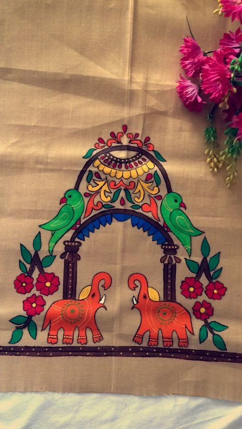 Madhubani Painting For Saree, Fabric Painting Madhubani, Fabric Painting Sketches, Navratri Fabric Painting, Elephant Fabric Painting, Madhubani Fabric Painting, Fabric Painting With Embroidery, Madhubani Painting On Fabric, Fabric Painting On Bedsheet