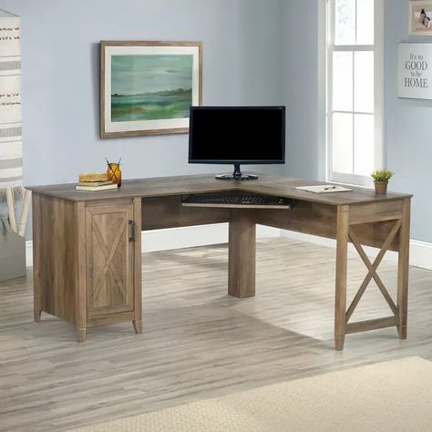 Oxford Modern Farmhouse L-Desk - On Sale - Bed Bath & Beyond - 37953571 Desk Small Space, Farmhouse Color, Workspace Essentials, Keyboard Shelf, Desk Small, L Shaped Executive Desk, L Desk, Farmhouse Office, L Shape Desk