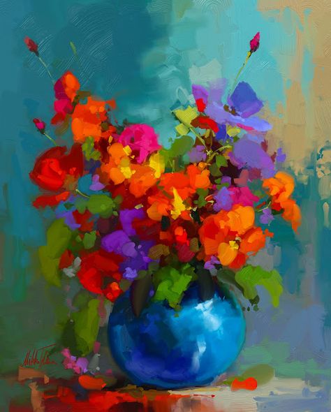 Colorful still life digital oil painting by Mikko Tyllinen. Colorful stillife painting. Stillife Painting, Colorful Still Life, Butterfly Art Painting, Palette Knife Art, Digital Oil Painting, Still Life Flowers, Acrylic Painting Flowers, Abstract Flower Art, Flower Painting Canvas