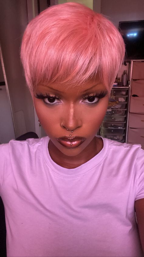 Pink 27 Piece Quick Weave, Short Pink Wig Black Women, Pixie Cut Rihanna, Pink Short Wig, Pink Dyed Hair Black Women, Short Pink Hair Black Women, Pixie Cut Photoshoot, Alternative Wigs, Colored Pixie Cut Black Women