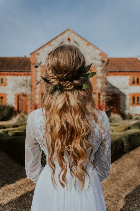 Half up, half down wedding hair with a braid and greenery. Perfect for a laid back wedding vibe #weddinghair #weddinghairideas Laid Back Wedding, Viking Hair, Boho Wedding Hair, Best Wedding Hairstyles, Wedding Hair Inspiration, Wedding Hairstyles Updo, Wedding Updo, Wedding Hairstyles For Long Hair, Half Up Hair