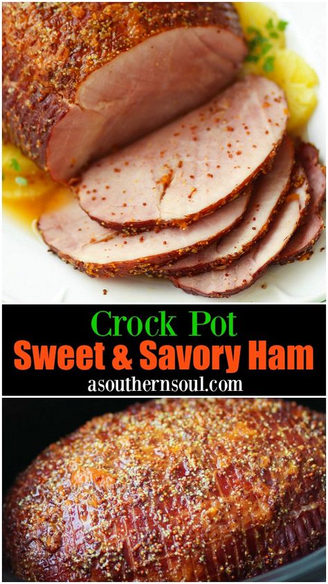 With only three ingredients and your crock pot, you can turn a ham into something truly amazing! It's sweet from an easy to make glaze of pineapple juice, apricot preserves and mustard and tender from being cooked low and slow. This Easter, give yourself a break and make this ham in the slow cooker for a show stopping dish everyone is sure to love. #crockpotham #crockpot #holidayham #ham #spiralham #easyrecipe #holidayrecipe #sweetandsavory #slicedham #easter Boneless Ham, Crockpot Dessert, Apricot Preserves, A Southern Soul, Slow Cooker Roast Beef, Savory Ham, Crockpot Ham, Ham Recipe, Slow Cooker Roast