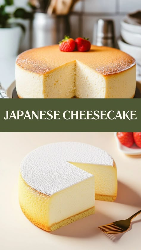 Light, airy, and simply divine—Japanese Cheesecake is the fluffy dessert of your dreams! Its melt-in-your-mouth texture and delicate sweetness will have you hooked with every bite. 🍰✨ #JapaneseCheesecake #FluffyDessert #MeltInYourMouth #CheesecakePerfection #LightAndDelicious #DessertGoals #SweetDelight #CheesecakeHeaven #DelicateSweets #BakingMagic 🍰✨ Light Fluffy Cheesecake Recipes, Asian Deserts Recipe, Japanese Fluffy Cake, Japanese Cotton Cheesecake Recipe, Loaf Cheesecake, Cute Cheesecake, Fluffy Cheesecake Recipe, Japanese Cheesecake Recipe, Japanese Cotton Cheesecake