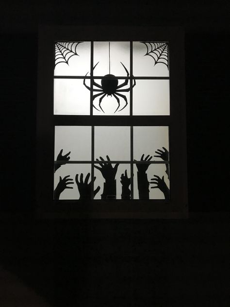 Spooky Halloween Windows, Halloween Decorations On Windows, Shadow Halloween Decorations, Halloween Sillouette Art Window, Halloween Windows Diy, Halloween Shadow Window, Haunted House Windows, Scary Window Silhouettes, Large Window Halloween Decor