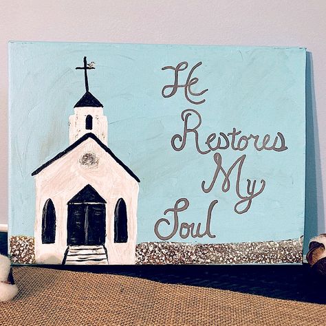 Acrylic Painting On Stretched Canvas. Country Church 12 Inch X 9 Inch Rectangular Painting Southern Cotton Field ”He Restores My Soul” Home Decor Smoke-Free /Pet-Free Home Simple Christian Painting Ideas, Bible Verse Painting Canvases, Bible Verse Canvas Painting, Christian Painting Ideas, Rectangular Painting, Christian Art Painting, Scripture Painting, Bible Verse Painting, Christian Painting