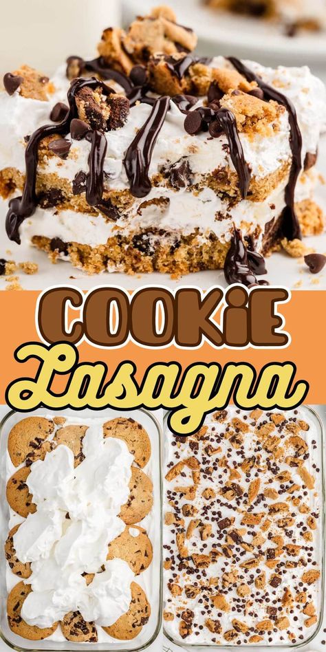 Easy Chocolate Chip Cookie Lasagna is a delicious no-bake dessert made with layers of chocolate chip cookies and cream cheese filling, all covered with cookie crumbles and chocolate chips. Chocolate Chip Lasagna, Cookie Whipped Cream Dessert, Desserts With A Cookie Crust, Chocolate Chip Cool Whip Dessert, Easy Dessert Casserole, Desert With Chocolate Chips, Things To Make With Chocolate Chip Cookie Dough, Gathering Dessert Ideas, Chocolate Chip Cookie Lasagna