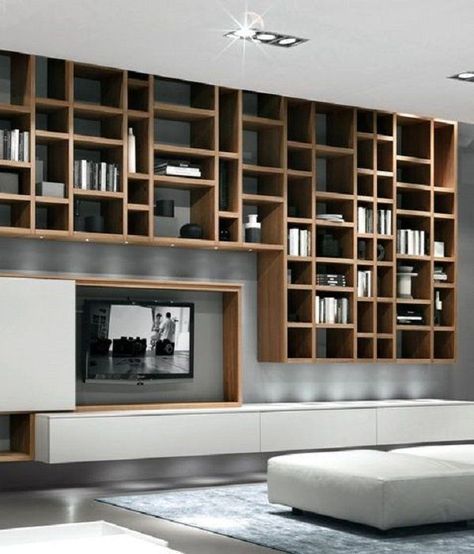 This is a large, open shelf, actually a lot of them. Smartly choose decorations for them. Interesting Shelving, Bibliotheque Design, Shelving Solutions, Library Wall, Muebles Living, Design Blogs, Design Living Room, Home Library, Cabinet Design