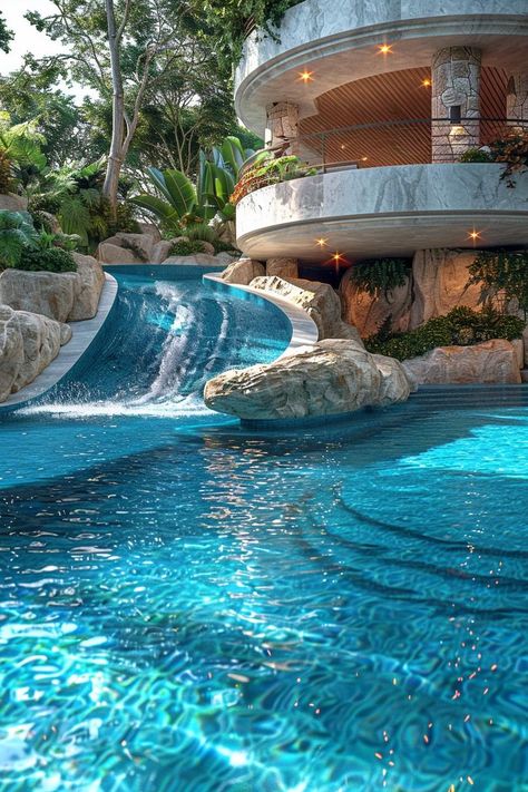 15 Modern Pool Designs Transforming Your Backyard Beautiful House With Pool, Home Pool Indoor, Santorini Inspired Pool, Cool Swimming Pool Designs, Dream Swimming Pools, The Pool Rooms, Huge Pools Luxury, Infinity Pool Design Ideas, Aesthetic Pool Ideas