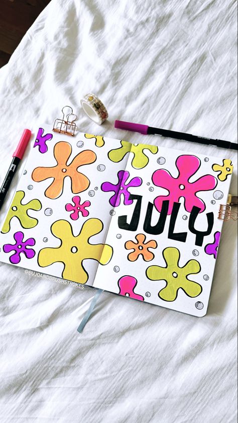 Bujo Page Inspiration, Cute Page Designs, July Bullet Journal Cover Ideas, Journaling Cover Ideas, July Cover Page Bullet Journal, Spongebob Bullet Journal, July Journal Page, Bullet Journal Ideas July, May Cover Page Bullet Journal