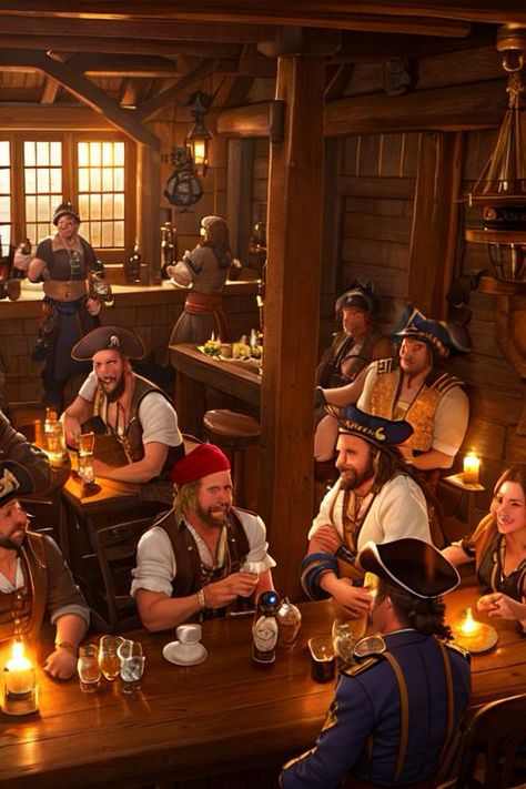 pirate crew sits in an old tavern, drinking beer, laughing and singing exuberantly. The captain sits on the bar and raises his glass. https://apps.apple.com/us/app/genzart-ai-art-generator/id1669915100 Tortuga Pirate City, Pirate Crew Art, Pirate Tavern, Tresure Island, Pirate Drinks, Pirate Bar, Pirate Images, Old Tavern, Pirate Crew