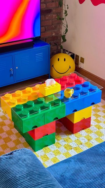 mr harry white on Instagram: "who said coffee tables can’t be fun?🤠✨ made a lego coffee table in my favourite colours! 💙  #asmr #asmrsounds #legocoffeetable #lego #legodiy #colourfulhome #maximalism" Diy Lego Coffee Table, Lego Table Diy Homemade, Adult Gaming Room, Lego Coffee Table, Legos Aesthetic, Coffee Table Colors, Crazy Interior Design, Lego Furniture Ideas, Fun Coffee Table