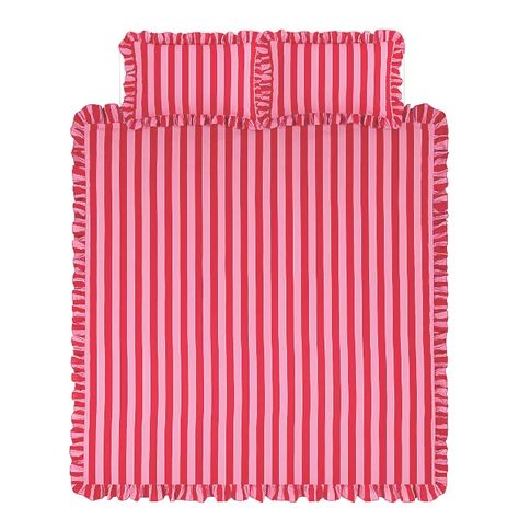 Pink & Red Stripe Frilled Duvet Cover Set Red And Pink Bedding, Striped Bedding Aesthetic, Pink And Red Nursery, Pink And Red Bedroom Ideas, Amelie Room, Eclectic Decor Bedroom, Timeless Home Decor, Christmas Duvet Cover, Stripe Bedding