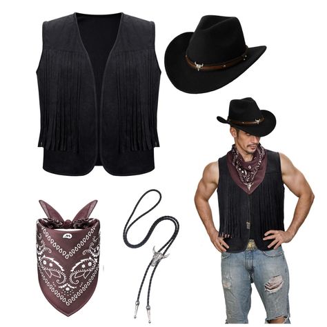 PRICES MAY VARY. Western Cowboy Costume Set:：unleash your inner cowboy with this inclusive set featuring 1 long tassel vest, 1 western cowboy hat, and 1 paisley bandana and 1 western vintage bolo necktie; This meticulously crafted set create an authentic cowboy look, ideal for role plays, themed parties or casual day out Quality Material: meticulously constructed using quality materials like the western cowboy fringe vest is made from soft faux suede, promising longevity and comfort; The cowboy Cowboy Halloween Costume Man, Bandit Costume Western, Hot Cowboy Costume, Mens Cowboy Costume, Cowboy Costume For Men, Cowboy Men Outfit, Western Bandit, Boys Cowboy Costume, Cowboy Costume Mens