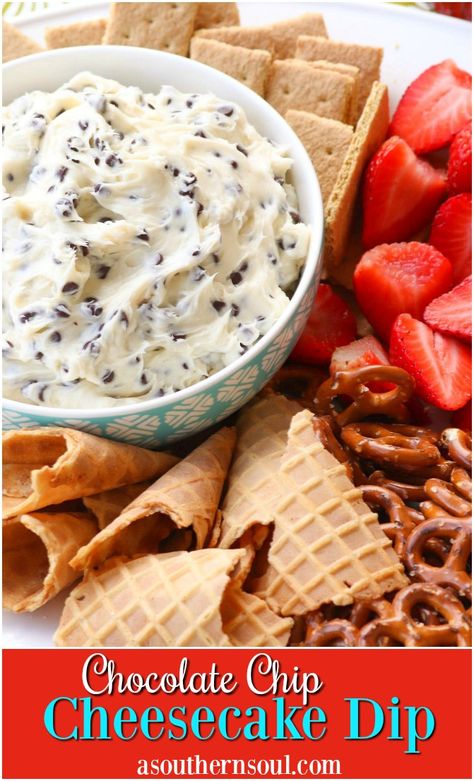 Get your cheesecake fix with this sweet, creamy, easy to make dip! This no-bake dessert has all the classic flavors of cheesecake yet it’s taken to a whole new level with the addition of fresh fruit, cookies and savory pretzels for dipping. #dessert #cheesecake #dip #freshfruit #cookies #sweettreats #easyrecipe #nobakedessert #asouthernsoul Savory Pretzels, Chocolate Chip Cheesecake Dip, Chocolate Chip Dip, A Southern Soul, Fruit Cookies, Cheesecake Dip, Chocolate Chip Cheesecake, Sweet Dips, Cream Cheese Dips