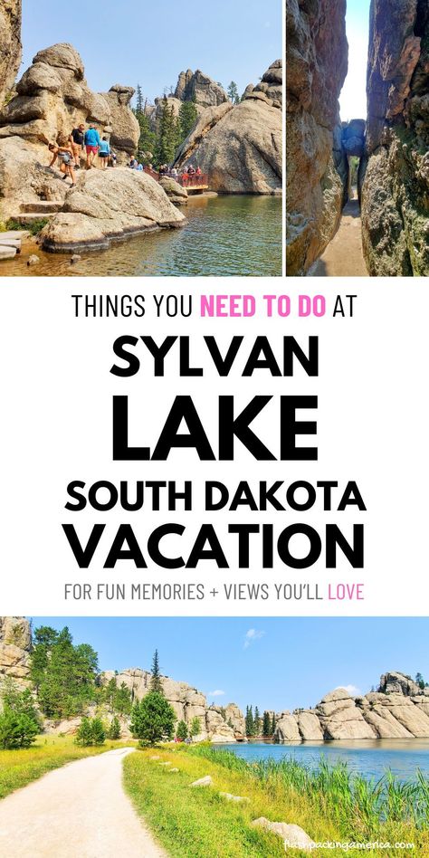 South Dakota road trip. Visit the blog for south dakota vacation ideas! Sylvan Lake. South Dakota vacation. things to do. custer state park. state parks. places to visit. travel destinations. rapid city south dakota. black hills. hiking. campgrounds. trips. hikes. outdoor family vacation. fun with kids. families. campground. tent. rv. camping. south dakota aesthetic. lake day. flashpacking america south dakota. Things To Do In Custer South Dakota, Sylvan Lake South Dakota, Hot Springs South Dakota, Dakota Aesthetic, Spearfish Canyon South Dakota, Custer State Park South Dakota, Custer South Dakota, Vacation Board, South Dakota Road Trip