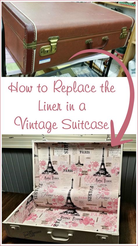 How to replace the liner in a vintage suitcase MyRepurposedLife.com Suitcase Furniture, Vintage Suitcase Decor, Painted Suitcase, Suitcase Table, Suitcase Decor, Diy Suitcase, Vintage Train Case, Old Suitcases, Vintage Suitcases