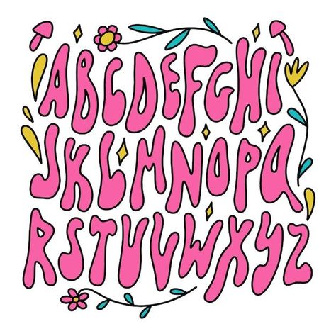 Trippy Lettering Fonts, Trippy Alphabet Letters, Aesthetic Bubble Letters, Funky Lettering Alphabet, Trippy Fonts Alphabet, Doodle Words Letters, Playful Fonts Alphabet, Groovy Lettering Alphabet, Hippie Font Alphabet