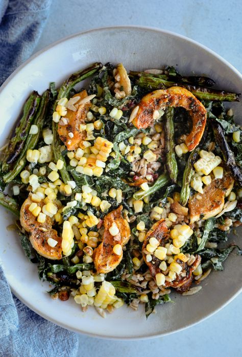 Blistered Corn & Delicata Squash Salad - Kate-Cooks Grilled Delicata Squash Recipe, Chicken And Delicata Squash, Fried Delicata Squash, Delicata Squash Salad, Delicata Squash Recipe, Squash Casserole Recipes, Kale Caesar Salad, My September, Squash Salad