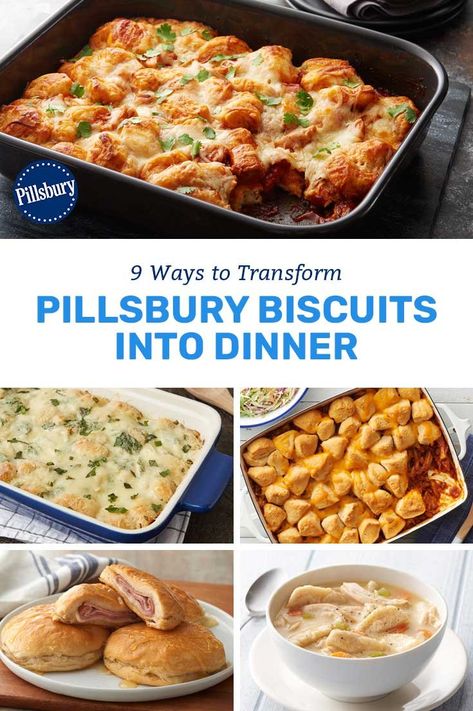 Need to make a meal on the fly? From one-pot dinners and muffin-tin meals to the greatest stuffed sandwiches you’ll ever try, biscuits’ ease and versatility make them a weeknight dinner saver—every time! Pillsbury Dinner Recipes, Pillsbury Dinner, Bisquit Recipes, Recipe Using Canned Biscuits, Grands Recipes, Grand Biscuit Recipes, Pillsbury Biscuit Recipes, Biscuit Recipes Dinner, Biscuit Dough Recipes