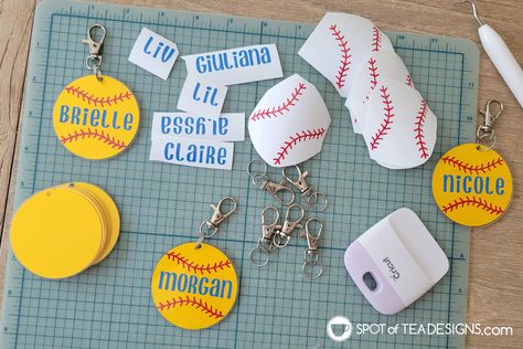 Softball Keychain Bag Tags - Spot of Tea Designs Softball Name Tags For Dugout, Acrylic Softball Keychain Diy, Diy Softball Bag Tags, Diy Softball Keychain, Softball Coaches Gifts, Softball Gift Bag Ideas, Softball Goodie Bags, Diy Bag Tags, Softball Cross