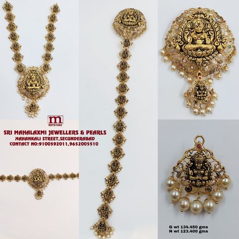 Presenting Antique Laxmiji Nakshi work 5 in 1 Longharam . Visit Our Showroom For Widest Range of Gold and Diamond Jewellery at Wholesale Prices. Call/whatsapp us on 9100592011, 9652005510 For Video Call Shopping. FREE SHIPPING AVAILABLE IN INDIA AND USA. #SriMahalaxmiJewellers #MahalaxmiJewellers #5in1Haram #Longharam #BridalJewellery #DiamondJewellery 5 In 1 Vaddanam Designs Gold, 2 In 1 Haram And Jada, 5 In 1 Haram Designs, 5 In 1 Vaddanam Designs, Gold Jada, Big Earrings Gold, Light Weight Gold Jewellery, Indian Gold Necklace Designs, Engagement Decoration