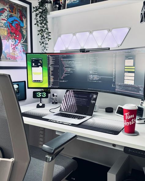 This has been the perfect snack needed today 🍩 @timhortonsuk thanks for coming to the UK ✌🏼 This isn’t an ad I just really enjoyed my hot chocolate but I’m definitely open to some gift cards so I can get more 👀 😂 #desksetup #coding #macbookair #timhortons #wfhlife #remotework #ultrawide #setup Ultrawide Setup, Dream Desk, Home Studio Setup, Star Wars Decor, Aesthetic Space, Setup Ideas, Room Desk, Gaming Room Setup, Web Design Software