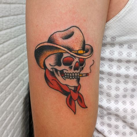 Traditional Cowboy Tattoo, Cowboy Tattoos For Men, Cowboy Hat Tattoo, Cowboy Tattoo, Traditional Skull, Skull Cowboy, San Diego Tattoo, Cowboy Skull, Boys With Tattoos