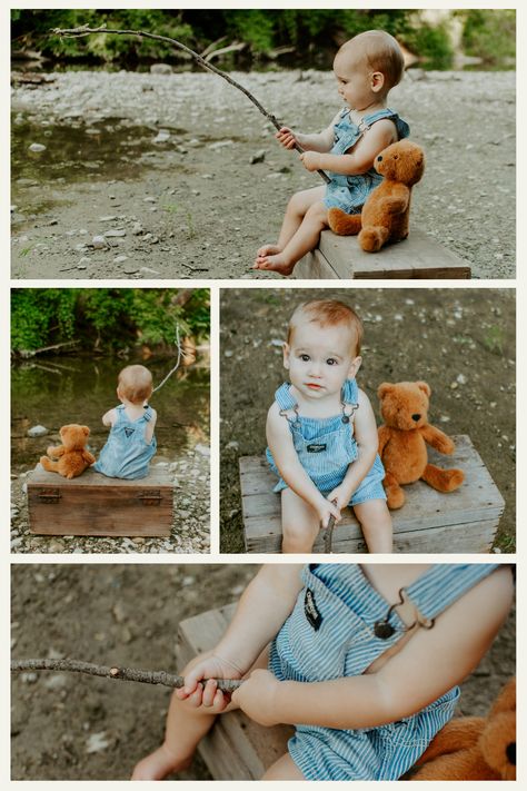 Fishing Pictures Photography Photo Ideas, Fun Photoshoot Ideas Outdoors, First Birthday Creek Pictures, 1st Year Pictures, Toddler Creek Photoshoot, Kids Summer Photoshoot Ideas, Summer Mini Session Ideas Outdoors, Baby Fishing Photo Shoot, Outdoor Toddler Photoshoot