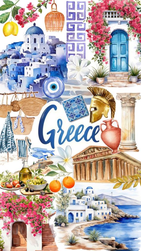 Greece. Mykonos. Santorini. Athens. Lemons. Oranges. Olive oil. Greek door. Blue and white. Goddess. Beach. Greece Collage, Greece Wallpaper, Athens Travel, Greece Mykonos, Travel Collage, Wallpaper Collage, Mykonos Greece, Santorini Greece, Greece Travel