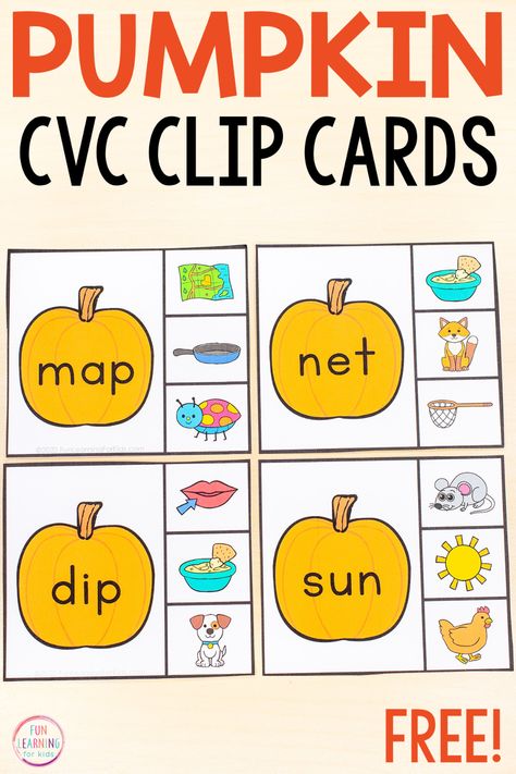 Free printable pumpkin theme reading CVC words clip cards for fall literacy centers in pre-k, kindergarten and first grade. Free Phonics Activities, Fall Literacy Centers, Cvc Word Work, Word Work Stations, Cvc Activities, Learning For Kids, Phonics Free, Literacy Centers Kindergarten, Cvc Word Families