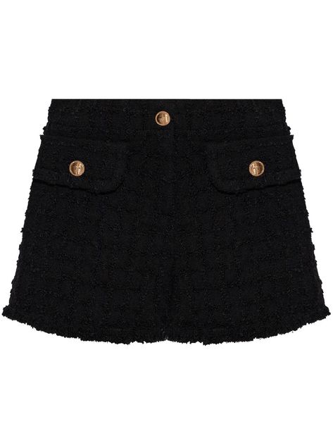 black virgin wool blend tweed decorative button flap two side inset pockets embossed gold-tone buttons unlined concealed fly and button fastening thigh-length Versace Clothes, Fem Outfits, Versace Skirt, Versace Shorts, Random Clothes, Tweed Shorts, Mini Short, Leather Cap, Mini Shorts