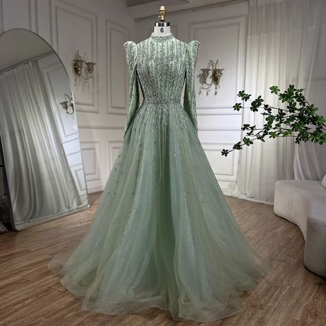 Serene Hill Dubai Arabic Designer Luxury Sage Green A Line Beaded Evening Dresses Gowns For Women Luxury Wedding Dress Mermaid, Beaded Wedding Dress Mermaid, Heavy Beaded Wedding Dress, Custom Bridesmaid Dress, Satin Evening Dresses, Arabic Design, Evening Dresses Short, Long Sleeve Evening Dresses, Wedding Dresses Beaded