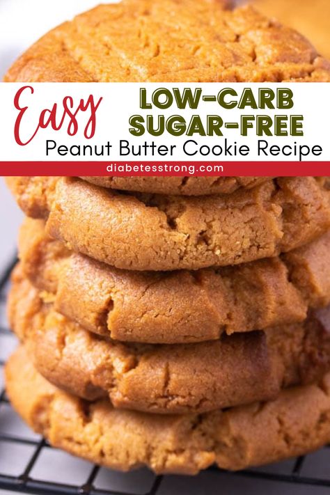 This easy, low-carb, sugar-free peanut butter cookie recipe is simple to make and delicious. You only need one bowl and five ingredients to enjoy this healthy treat and satisfy your cookie craving. With only four grams of carbs (mostly fiber) per cookie, these cookies are keto-friendly too. Peanut Butter Cookies For Diabetics, Healthy Low Carb Cookie Recipes, Stevia Peanut Butter Cookies, Keto Peanut Butter Cookies Recipe, Keto Peanut Butter Cookies Coconut Flour, Low Carb Peanut Butter Recipes, Healthy Deserts No Sugar Low Carb, Low Carb No Sugar Meals, Keto Pb Cookies