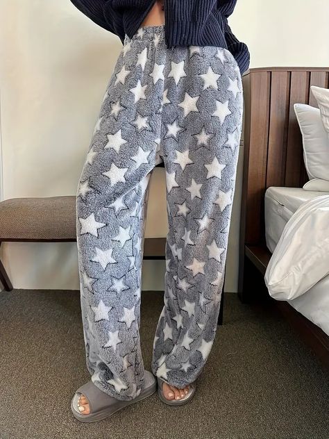 Casual Allover Star Print Pajama Bottoms Plush Thickened - Temu Fluffy Pajama Pants, Star Pyjamas, Fuzzy Pajama Pants, Plush Pajama Pants, Pyjama Pants, Pajamas Pants, Night Pajama, Cute Pajama Sets, Black And White Fabric