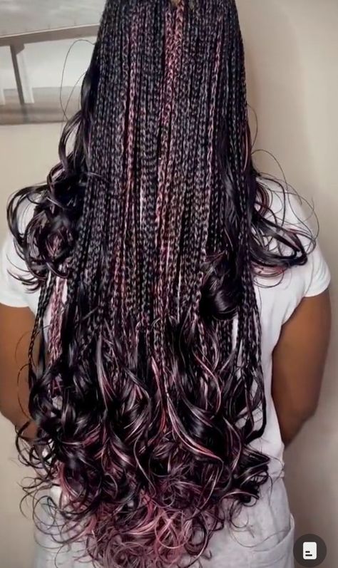 Black Box Braids With Highlights, Black And Blue French Curl Braids, Bohemian Braids With Blonde Highlights, Hair Length Chart Braids, Hair Inspo Braids Black, Braid Ideas With Color, Pink And Black French Curl Braids, Alternative Protective Hairstyles, Pink And Brown French Curl Braids