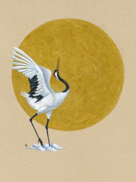 9x12 print of my original art. Original is Japanese red-crowned crane against the golden sun done with gouache and watercolor paints on tinted paper The print will come unframed but will be signed by me. Japanese Crane Painting, Crane Aesthetic, Japanese Crane Art, Old Japanese Art, Crane Painting, Crane Drawing, Red Crow, Crane Art, Art Inspired Tattoos