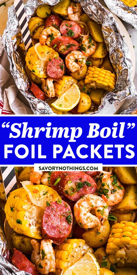 Shrimp Foil Packets Oven, Shrimp Boil Foil Packets, Smoked Sausage And Potatoes, Grilled Foil Packets, Tin Foil Dinners, Shrimp Boil Foil, Sausage And Potatoes, Camping Meal, Foil Pack Dinners