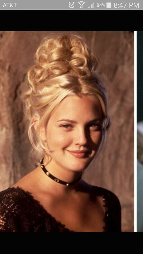 Black Ribbon Choker, 90s Choker, Ribbon Choker, 90s Hairstyles, Drew Barrymore, Party Hairstyles, Black Ribbon, Hair Goals, Hair Lengths