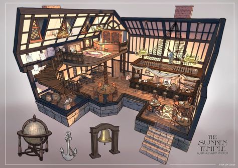 Guildhall Tavern - Interior, Fion Lim on ArtStation at https://www.artstation.com/artwork/Bmg44r Minecraft Tavern Exterior, Tavern Bedroom, Tavern Exterior, Drawing Room Concept, Fantasy Tavern, Bohemian Style Inspiration, Interior Concept Art, Room Concept, Fantasy Shop