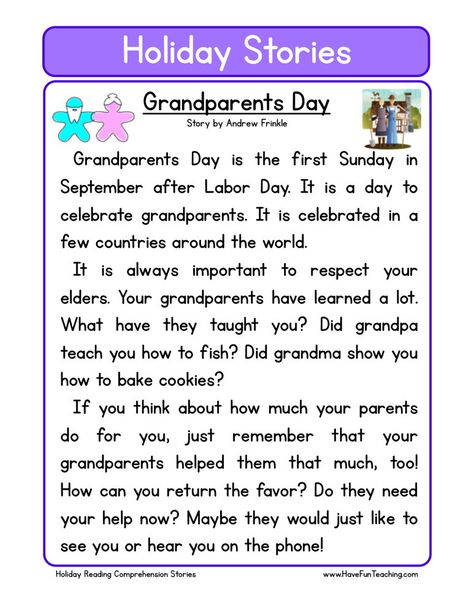 This Reading Comprehension Worksheet - Grandparents Day is for teaching reading comprehension. Use this reading comprehension story to teach reading comprehension. Second Grade Reading Comprehension, Holiday Reading Comprehension, Third Grade Reading Comprehension, Second Grade Reading, First Grade Reading Comprehension, Reading Comprehension For Kids, Teaching Reading Comprehension, English Stories For Kids, Reading Comprehension Lessons