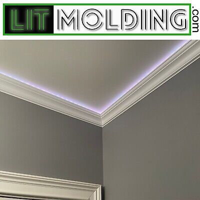 Trim To Hide Led Lights, Bead Board Ceiling With Crown Molding, Faux Crown Moldings Window, Plastered In Strip Lights, Led Stripe Lights Living Room, No Baseboard Walls With Lights, Crown Molding Floor, Crown Molding Over Sliding Doors, White Led Strip Lights Living Room