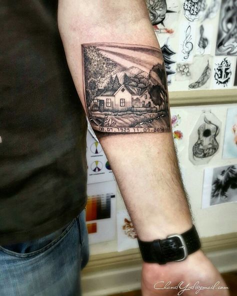 Tattoo Landscape Nature Mountain river cottage polaroid Tattoo done by Chanel Ysel Hoodoo Tattoos Polaroid Picture Tattoo, Cottage Tattoo, Polaroid Tattoo Ideas, Goonies Tattoo, Tattoo Landscape, Little Cottage House, Polaroid Tattoo, Scenery Tattoo, House Tattoo