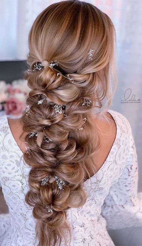 Updo And Down Hairstyles, Plaited Bridal Hair, Wedding Day Hair Braid, Bridal Hairstyles For Long Hair Braid, Long Braid For Wedding, Thick Braid Wedding Hair, Fishtail Braid For Wedding, Wedding Boho Braid Hairstyles, Fishtail Braid Bridal Hair