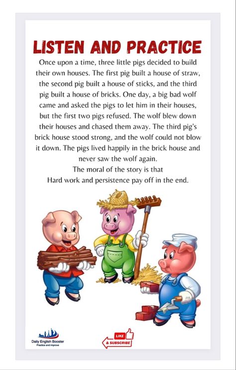 The Three little Pigs English short moral story - YouTube. Short Moral Stories In English, Story Telling Ideas, Short Stories With Moral Lessons, Story Telling For Kids, Short Story English, Short Story Ideas, Short Story For Kids, Three Little Pig, Three Little Pigs Story