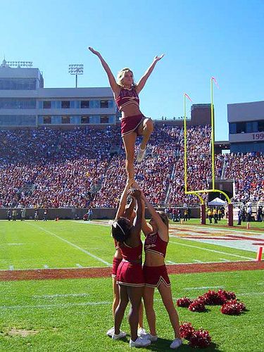 cheerleaders-lift-fball Fsu Cheerleaders, 2023 Manifestation, Sports Podcast, The Cheerleaders, Cheer Photos, Cheer Leaders, Florida State Football, Seminoles Football, College Cheerleading