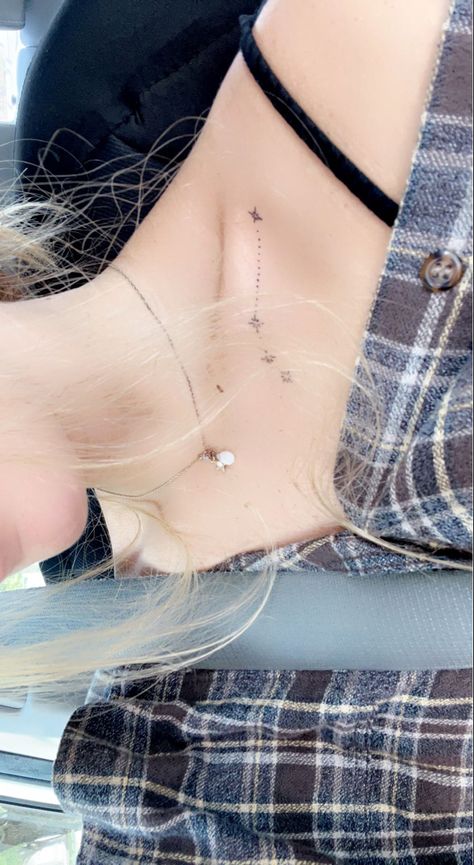 Aires Star Constellation Tattoo, Aries Collar Bone Tattoo, Aries Star Constellation Tattoo, Dainty Shoulder Tattoo, Aries Star Constellation, Firework Tattoo, Star Constellation Tattoo, Aries Constellation Tattoo, Clavicle Tattoo